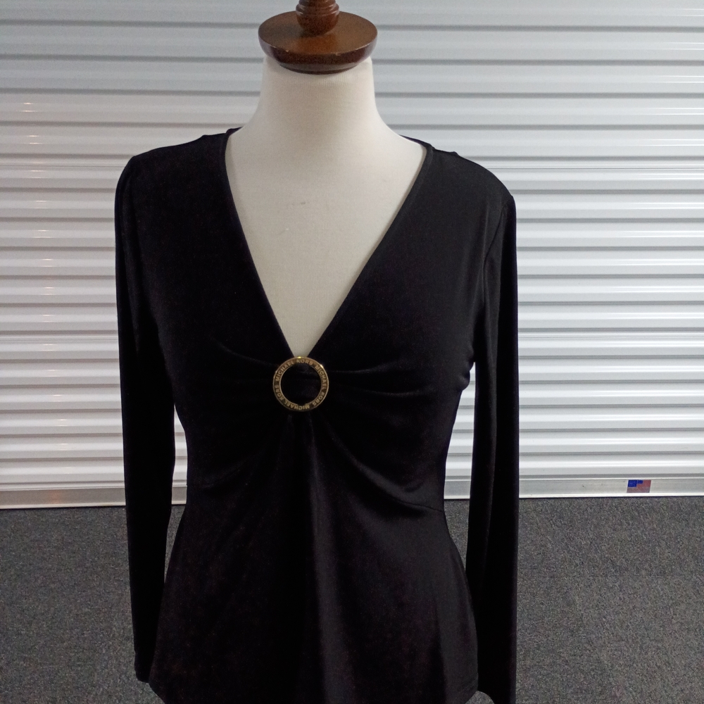 Michael Kors Long-Sleeve Black V-Neck Top with Decorative Ring